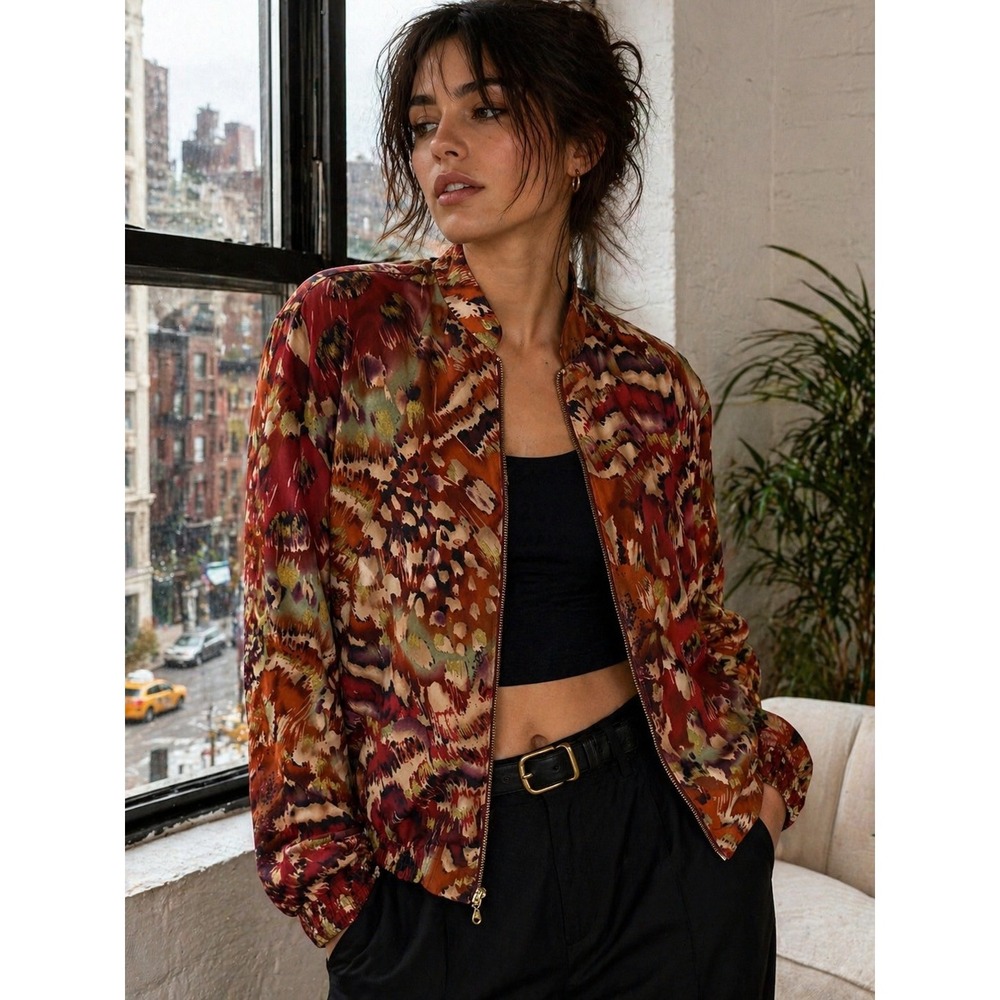 C.M. Shapes Vintage Abstract Ikat Print Bomber Jacket Rust Gold Large B18-M989